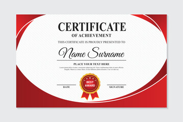 Modern achievement certificate template red curved with white background