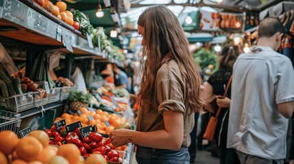 Obraz premium A woman in a brown shirt and jeans shops at a farmers market.
