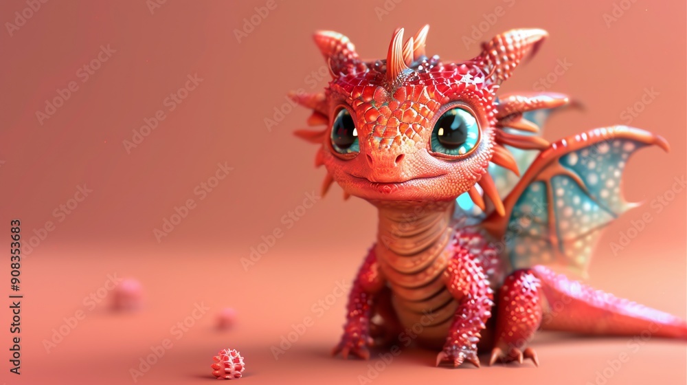 Canvas Prints A cute cartoon dragon with big eyes and a bright orange and red color scheme.