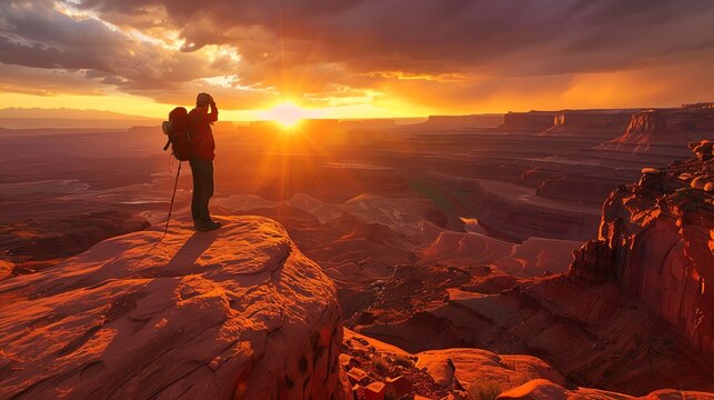 A hiker stands on a clifftop with a backpack, looking out at a desert canyon landscape.