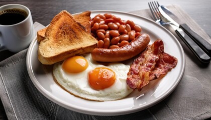 Hearty English Breakfast with Bacon, Sausages, and Grilled Tomatoes - AI Art