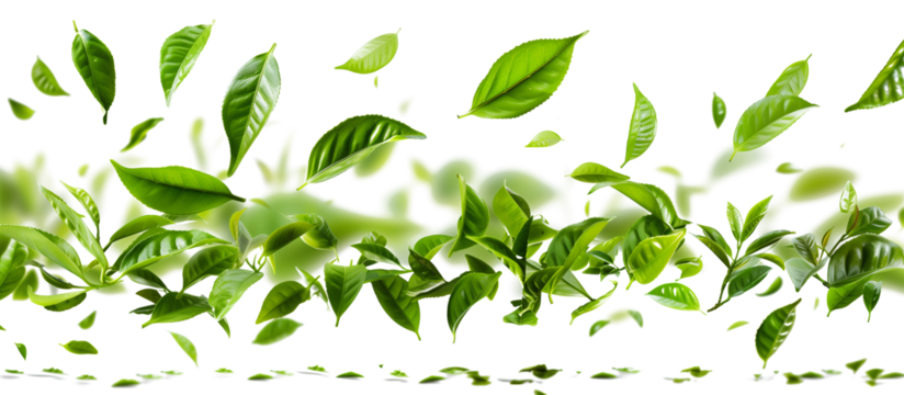 Green tea leaves flying in the air on transparent background