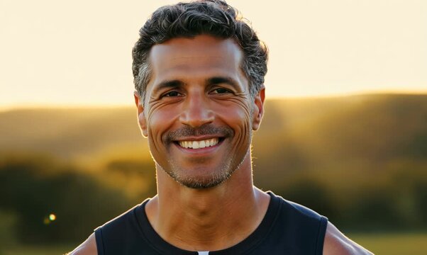 Handsome mature man in sportswear looking at camera and smiling while standing outdoors