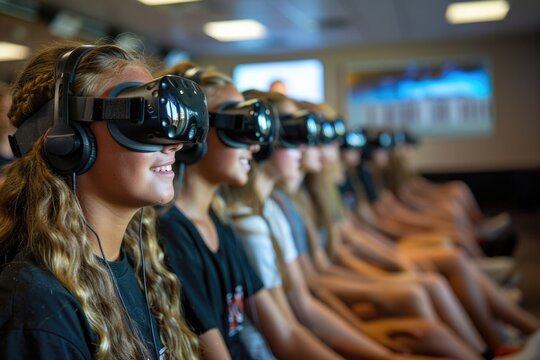 A group of people wearing virtual reality goggles are sitting in a room - Powered by Adobe