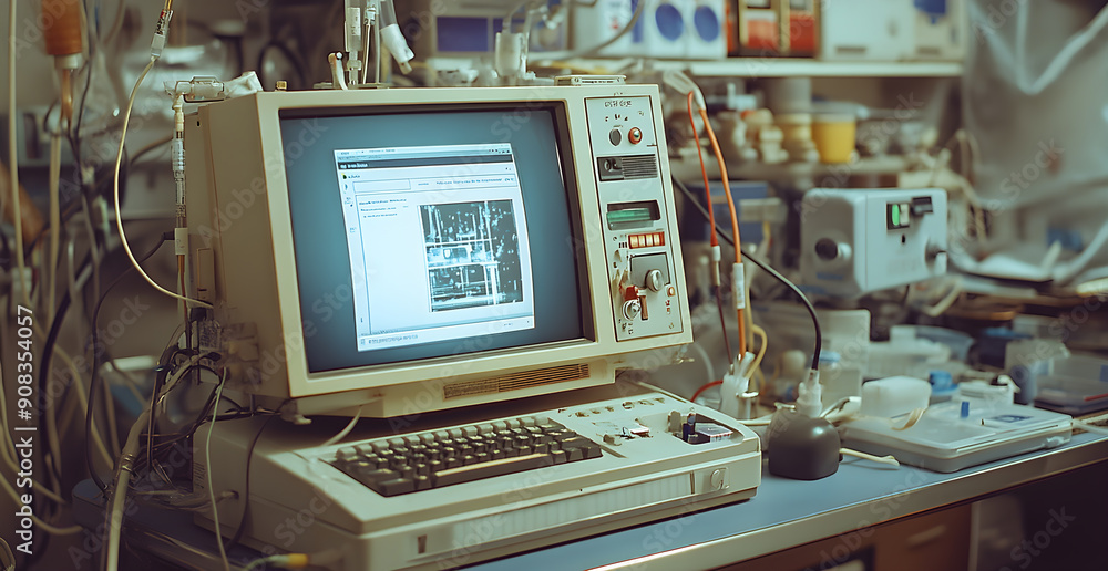Poster a computer monitor is on a desk with a keyboard and mouse