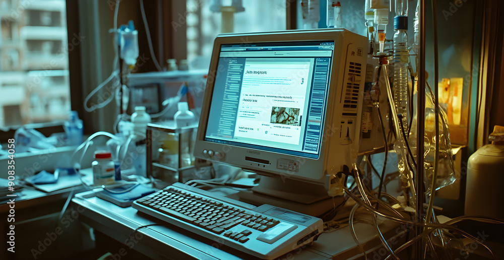 Poster a computer monitor is on a desk with a keyboard and a mouse