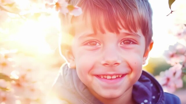A young boy with a mischievous grin peeks out from behind a of pink cherry blossoms. His bright eyes reveal his excitement and playful nature.