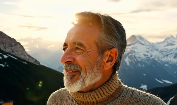 Portrait of a middle-aged man with a gray beard and mustache in a warm sweater on the background of mountains