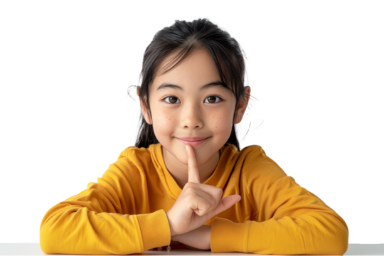 Confident Asian teenage girl showing something sitting at the table isolated on transparent background