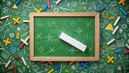 Fototapeta premium White subtraction sign on a green chalkboard surrounded by mathematical equations and formulas in a colorful and messy educational environment.