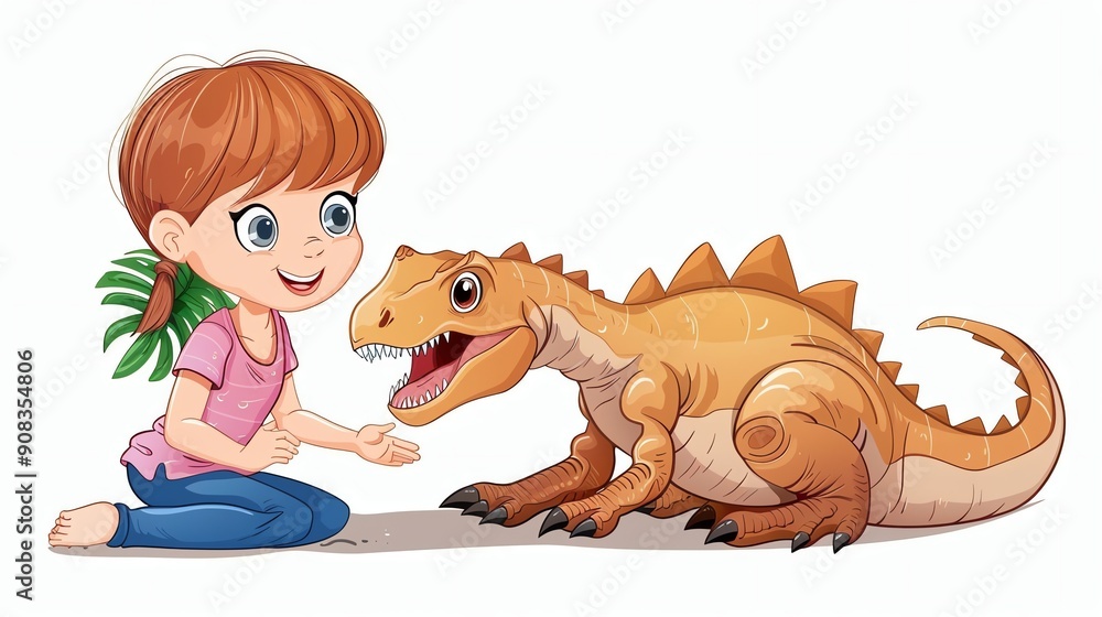 Sticker A cartoon illustration of a young girl with a dinosaur.