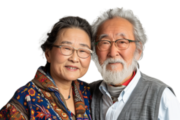Portrait of a confident senior Asian couple posing together isolated on transparent background