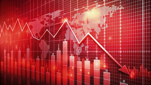 Red digital business graph background. Stock market financial investment chart data, global economy currency growth price increase or decrease down report, trend arrow, crash, crisis, loss, risk