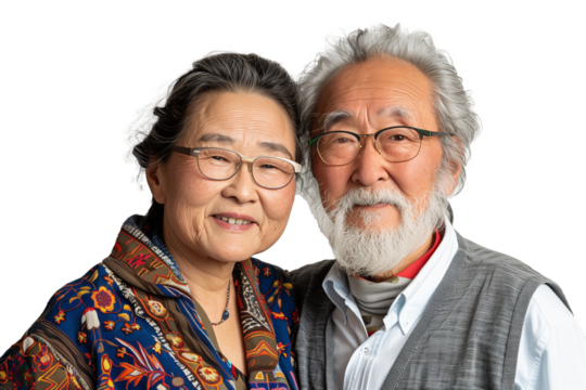 Portrait of a confident senior Asian couple posing together isolated on transparent background