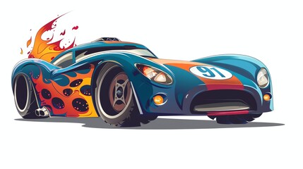 Fototapeta premium A cartoon image of a blue race car with flames coming from the side.