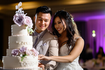 Bride and Groom Cutting Wedding Cake Together..