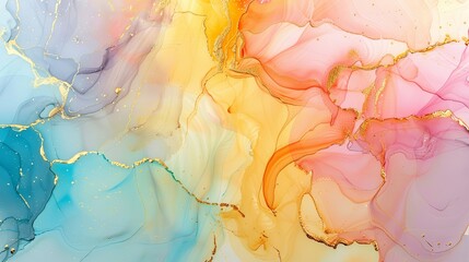 Abstract Alcohol Ink Art: Vibrant Yellow Splashes with Golden Cracks on a Raw Canvas, Evoking a Sense of Energy and Movement in a 16:9 Aspect Ratio