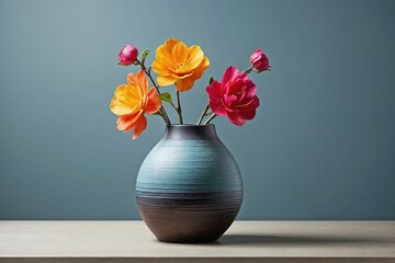Vase with Minimalist Decor: A colorful vase set on a sleek, minimalist surface like a wooden.