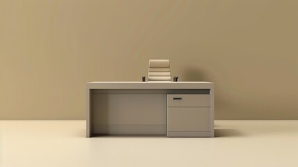 A desk with a chair in front of a beige wall.