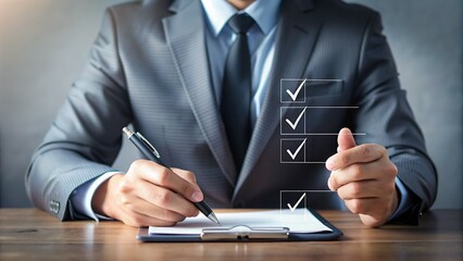 A businessman checking off boxes on a quality document control checklist. The design highlights the importance of a well-defined process and is perfect for showcasing your commitment to project
