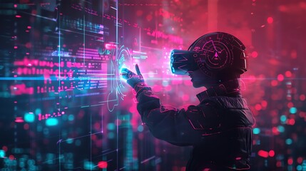 A futuristic scene showcasing a person in a VR headset engaging with vibrant digital interfaces and data streams.