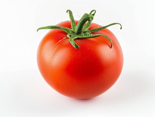 Fresh Tomato Showcase: Vibrant Red on White Background, Highlighting Quality and Clarity in a Raw Style. Golden Mean Composition, 4:3 Aspect Ratio.

