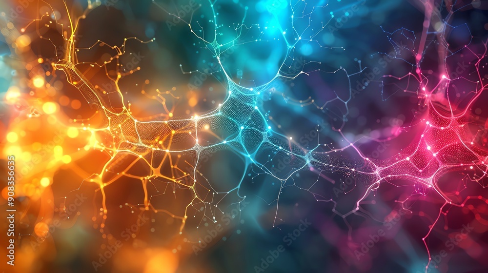 Poster vibrant abstract network with glowing nodes and colorful connections, representing technology or neu