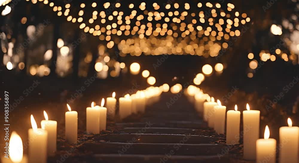 Poster a candlelit path adorned with sparkling bokeh lights guiding the way