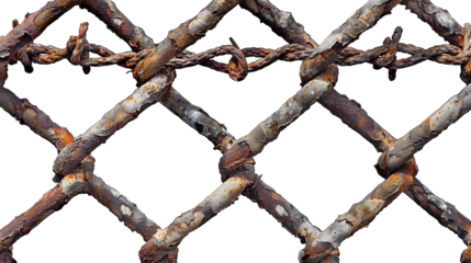 Metallic grid of rusty iron fence on transparent background