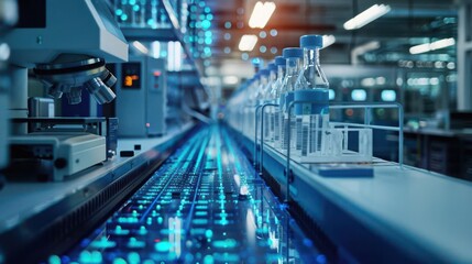 Fototapeta premium DNA sequencing automation, laboratory equipment, front view, intricate genetic process, cybernetic tone, Tetradic color scheme, copy space for text,