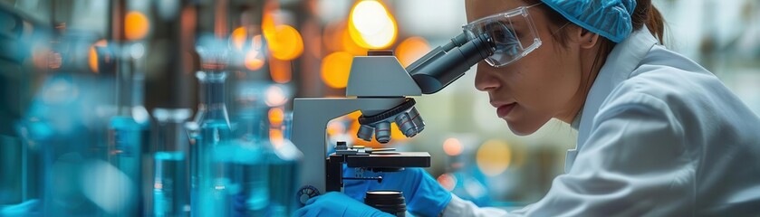 Genetic scientists at work, DNA under microscope, laboratory, side view, detailed research process, technology tone, Analogous Color Scheme, copy space for text,
