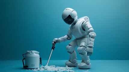 Naklejka premium A futuristic robot in a space suit interacts with a container, exploring an imaginative world of technology and curiosity.