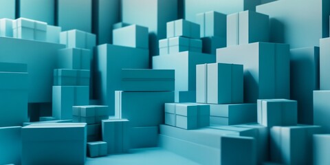 Obraz premium Futuristic Blue Tech Gift Boxes with Sleek Product Display Platform: Innovative 3D Rendering for High-Tech Marketing, Showcasing Cutting-Edge Packaging and Premium Presentation Space in Abstract Geome