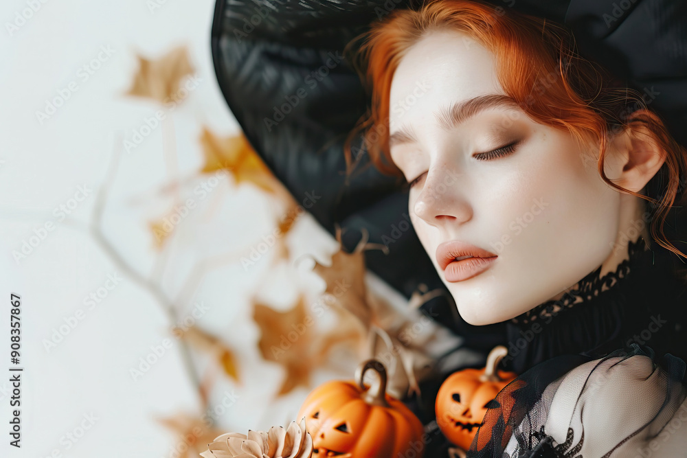 Wall mural Redheaded young woman in black attire with Halloween pumpkins, embracing autumn season in a creative setting