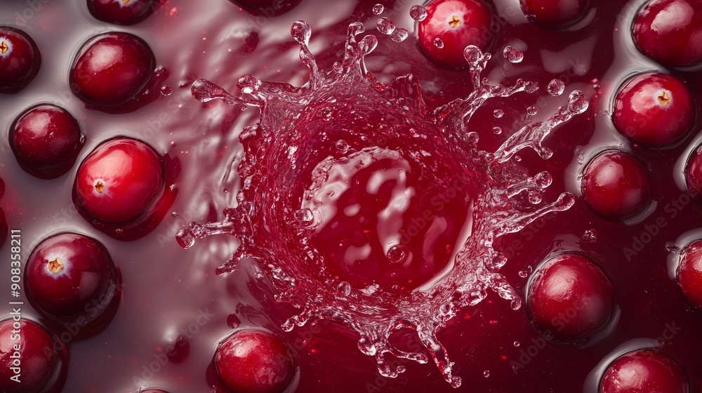 Poster view from above, vibrant colors, cranberries floating on cranberry juice with a large splash in the 