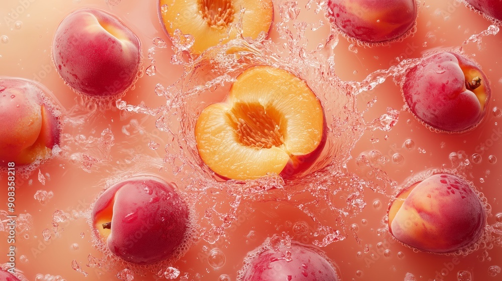 Poster view from above, vibrant colors, nectarines floating on nectarine juice with a large splash in the c