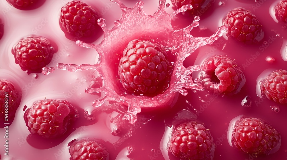 Poster view from above, vibrant colors, raspberries floating on raspberry juice with a large splash in the 