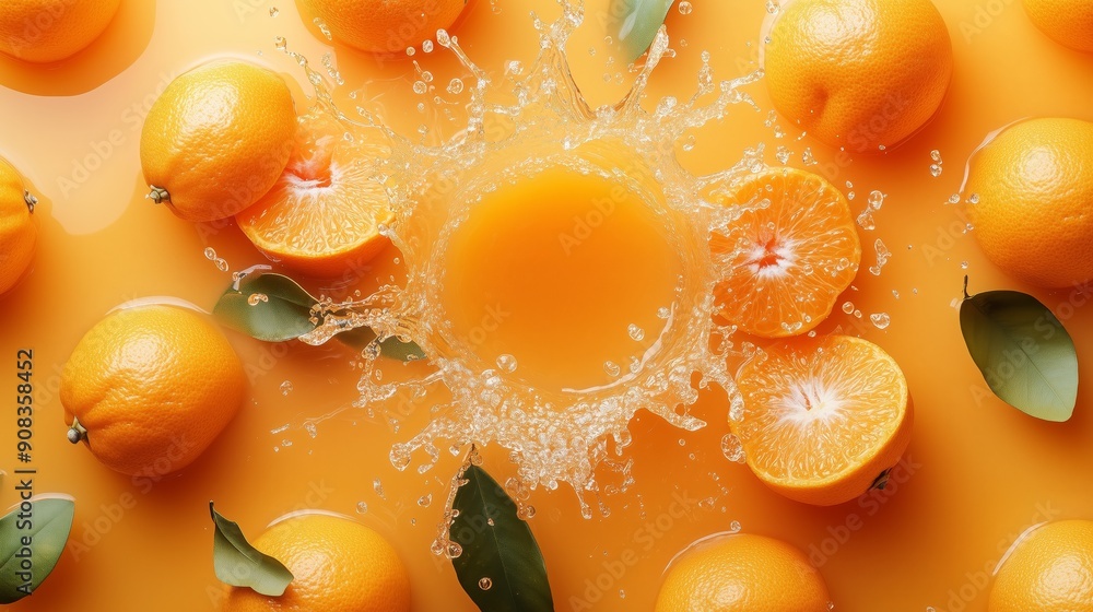 Poster view from above, vibrant colors, tangerines floating on tangerine juice with a large splash in the c