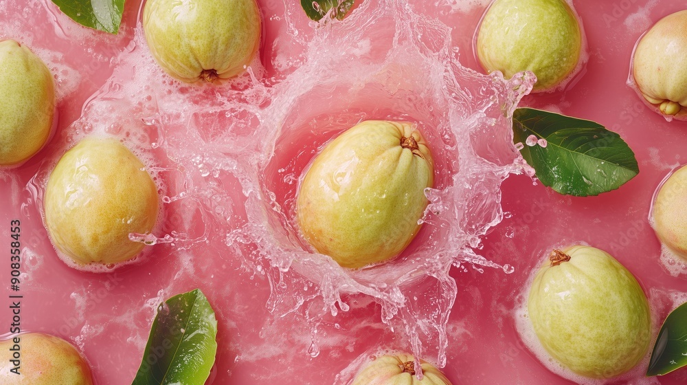 Poster view from above, vibrant colors, guavas floating on guava juice with a large splash in the center, m