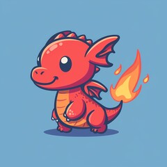 Fototapeta premium A cute red cartoon dragon with a playful expression and a flame at its tail.