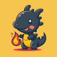 Obraz premium Cute black dragon character holding a fiery flame with a cheerful expression.