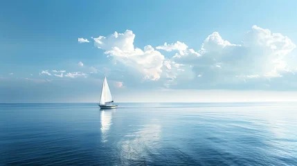 Fotobehang A sailboat on the calm ocean with a blue sky and white clouds. © Galib