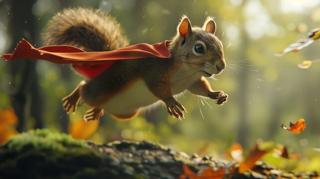 A squirrel wearing a red cape flies through the air.