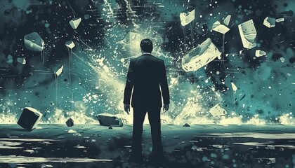 A Man in a Suit Facing a Crumbling, Glowing Landscape