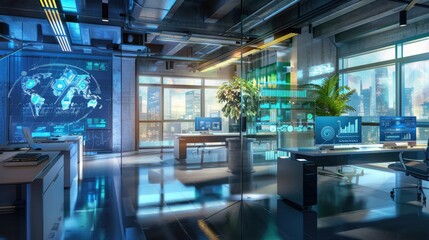 Fototapeta premium Office interior with a futuristic touch and digital displays