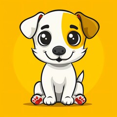 Fototapeta premium A cheerful cartoon puppy with big eyes and a friendly expression against a bright yellow background.