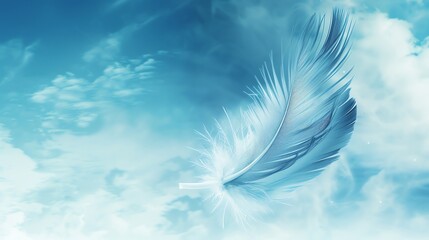 Fototapeta premium A single white feather floating in a blue sky.