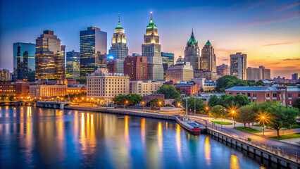 Fototapeta premium Historic Philadelphia cityscape featuring iconic towering skyscrapers and majestic architecture along picturesque Delaware River waterfront at dusk with vibrant blue hour tones.