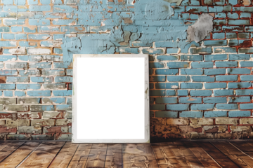White canvas frame mockup on grungy brick wall and wooden floor