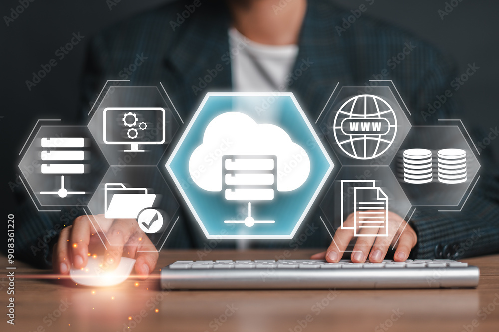 Poster illustration of web hosting concept with cloud server, data storage, and internet icons on a virtual